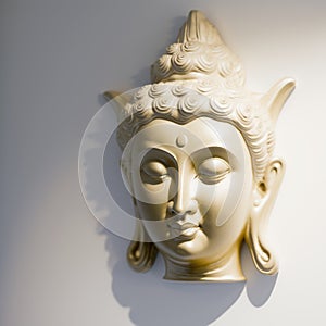 A white wall sculpture of a face with Gautama buddha head as mural for home decor etc. Ai generated