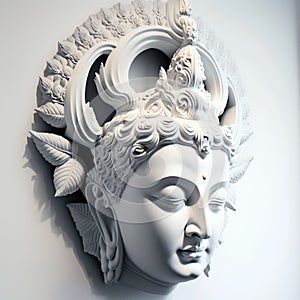 A white wall sculpture of a face with Gautama buddha head as mural for home decor etc. Ai generated