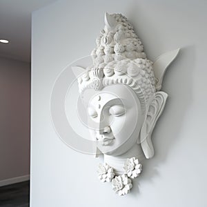 A white wall sculpture of a face with Gautama buddha head as mural for home decor etc. Ai generated