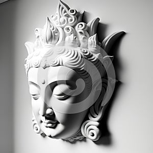 A white wall sculpture of a face with Gautama buddha head as mural for home decor etc. Ai generated