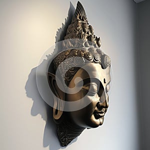 A white wall sculpture of a face with Gautama buddha head as mural for home decor etc. Ai generated