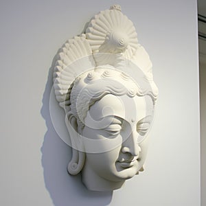 A white wall sculpture of a face with Gautama buddha head as mural for home decor etc. Ai generated