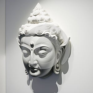 A white wall sculpture of a face with Gautama buddha head as mural for home decor etc. Ai generated