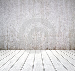 White wall texture background and wooden floor.