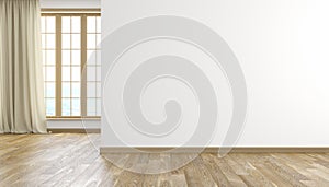 White wall and wood floor modern bright empty room interior. 3D render illustration.