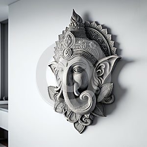 A white walled room with a statue of an Indian mythological God Lord Ganesha as Mural. Ai generated