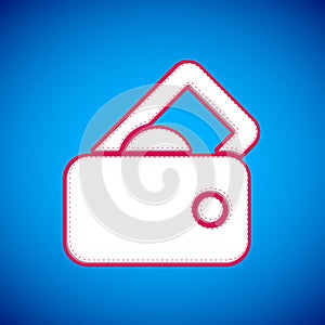 White Wallet with money icon isolated on blue background. Purse icon. Cash savings symbol. Vector