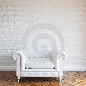 White Walls Brick Interior With Classic Leather Armchair