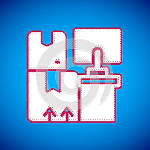 White Warehouse interior with boxes on racks icon isolated on blue background. Logistics, cargo, parcel storage postal