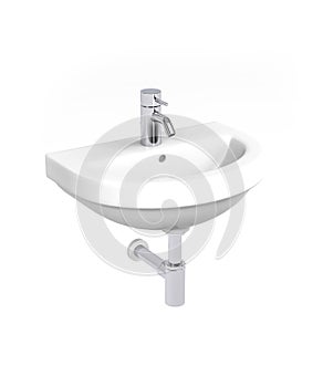 White wash basin with faucet, siphon and waste set isolated on white