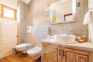 White washbasin with large mirror, towel holder and LED lamp in the bathroom next to the toilet and bidet. photo