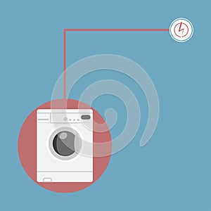 White washing machine with power sign isolated on background. Landromat icon. Laungry, domestic appliance, home equipment in room