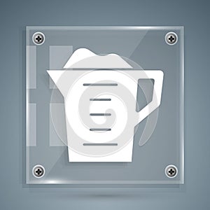 White Washing powder in a measuring cup icon isolated on grey background. Square glass panels. Vector