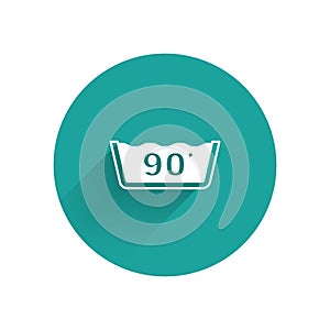 White Washing under 90 degrees celsius icon isolated with long shadow background. Temperature wash. Green circle button
