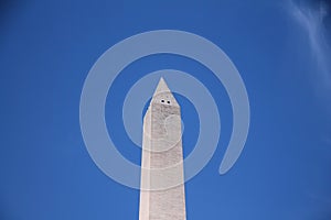 The white Washington Obelisk monument in the blue sky