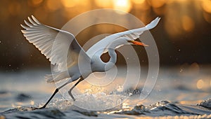 A white water bird soars gracefully above the shimmering waves