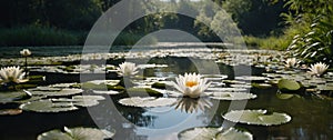 White Water Lilies Blooming in a Sunny Pond.