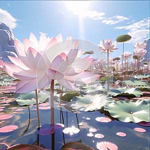 White water lilies green leaves on the water against a background of sunset falling rays of light. Flowering flowers, a symbol of
