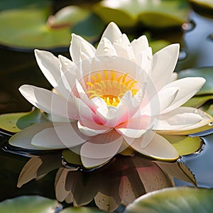White Water Lily flower on water around green leaves. Flowering flowers, a symbol of spring, new life