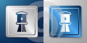 White Water tower icon isolated on blue and grey background. Silver and blue square button. Vector