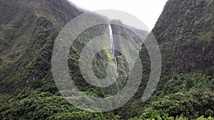 White Waterfall of the Cirque of Salazie on Reunion Island drone view