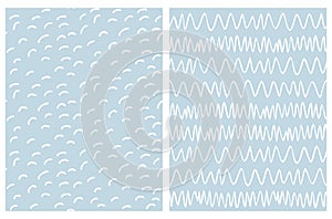 Blue and White Abstract Hand Drawn Childish Style Vector Patterns.