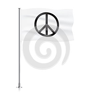 White waving vector flag with a peace symbol.
