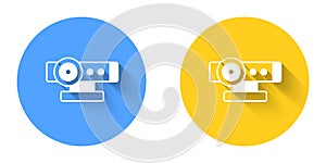 White Web camera icon isolated with long shadow background. Chat camera. Webcam icon. Circle button. Vector