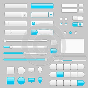 White web interface buttons, slider and icons with blue tags