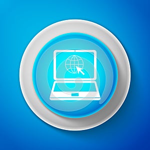 White Website on laptop screen icon isolated on blue background. Laptop with globe and cursor. World wide web symbol