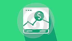 White Website with stocks market growth graphs and money icon isolated on green background. Monitor with stock charts