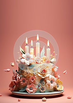 White wedding cake or birthday cake with colorful sweet sugar flowers and flaming candles. Cake beautifully decorated with mastic