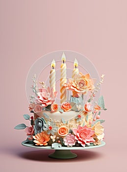 White wedding cake or birthday cake with colorful sweet sugar flowers and flaming candles. Cake beautifully decorated with mastic