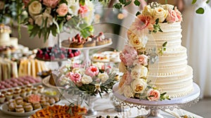 White wedding cake decorated by flowers standing on festive table