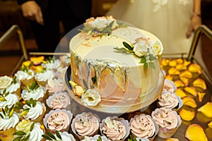 White wedding cake decorated by flowers fruits