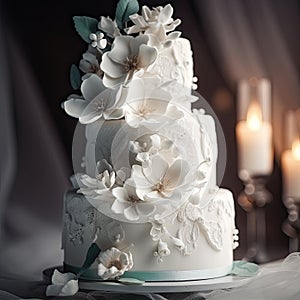 a white wedding cake with white flowers and candles