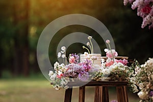 white wedding cake with fresh roses and wild flowers outdoors. Wedding decoration table in the garden, floral