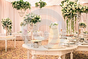 WHITE  WEDDING CAKE AT IMPRESSIVE COLOURFUL VENUE WITH BEAUTIFUL CANDY TABLES, FLORAL GREEN DECORATION, BLURRED BACKGROUND, YELLOW