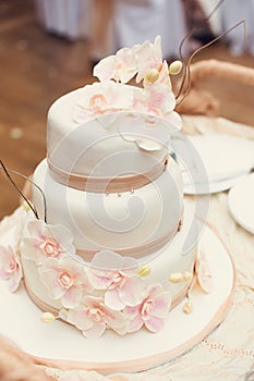 White wedding cake with orchids