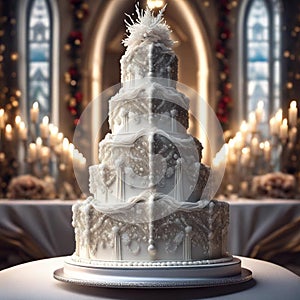 white wedding cake with pearls and precious stones