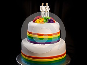 White wedding cake with rainbow colors and gay couple on top. two grooms LGBTQ.