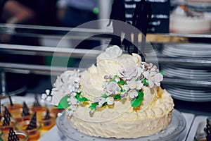 White Wedding cake with roses. ceremony catering.