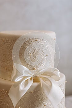 white wedding cake. Wedding cake detail - a ribbon with pearls.