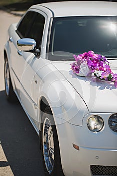 White wedding car with purple flowers decor.