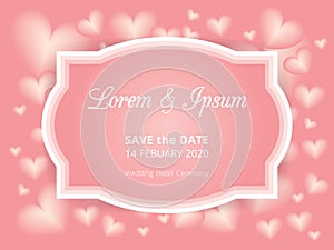 White wedding card template label on pink heart shape pattern background, vintage design frame border