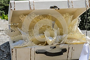 White wedding chest with rice sachets for the wedding ceremony