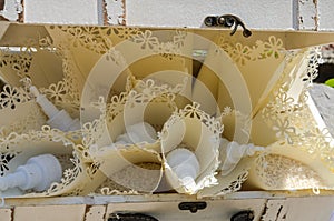 White wedding chest with rice sachets for the wedding ceremony