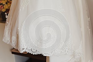 White wedding dress beautiful lace closeup details