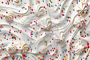 White whipped cream and colorful candies on white background