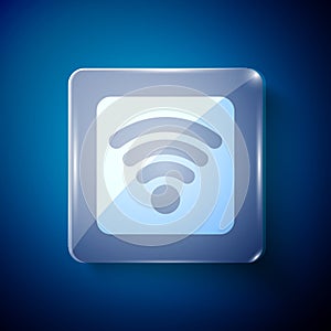 White Wi-Fi wireless internet network symbol icon isolated on blue background. Square glass panels. Vector Illustration